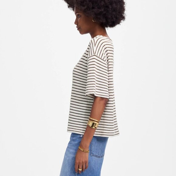 Madewell Embroidered Boxy Knit Short Sleeve Tee Stripe White Brown Size M NWT - Picture 2 of 8